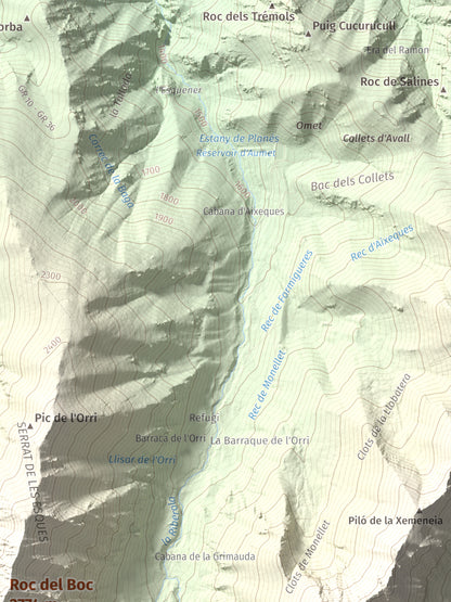 Mapa de relieve de Roc del Boc, 2774 m, Cerdanya Nord, lámina 100 Cims de Trobart. Detalle de la zona superior derecha. 30 × 40 cm.