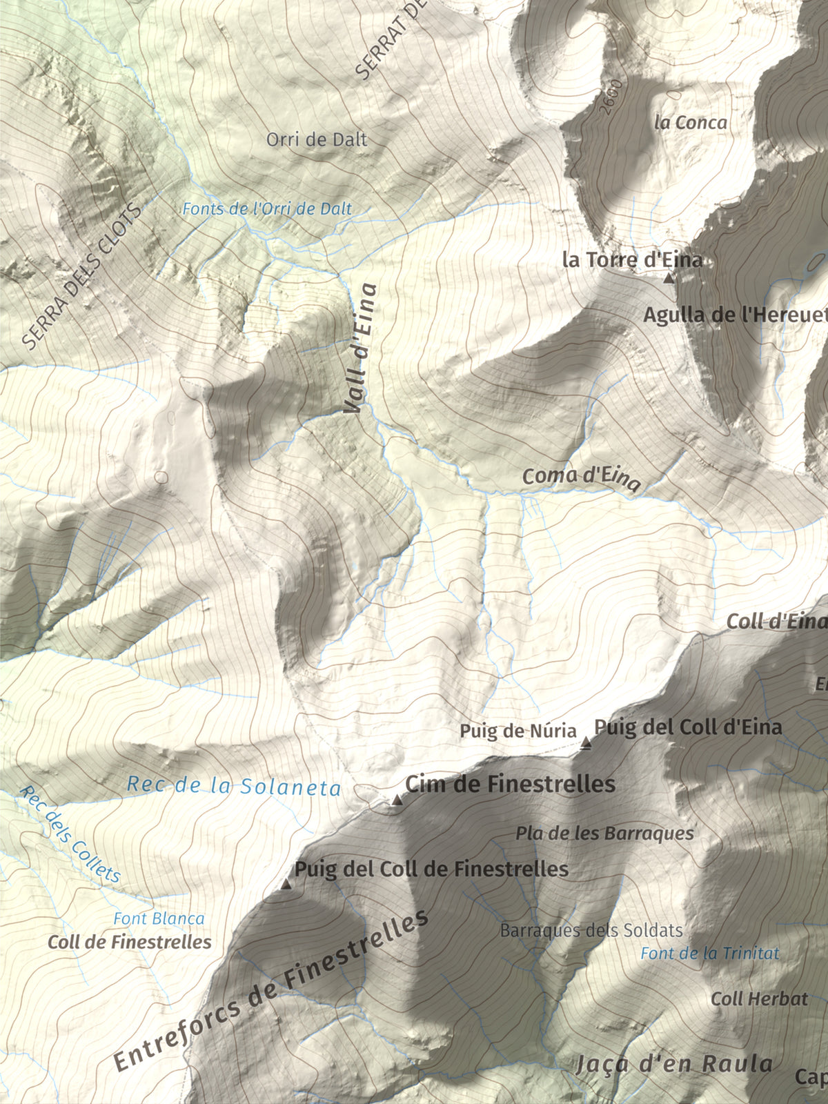 Mapa de relieve de Roc del Boc, 2774 m, Cerdanya Nord, lámina 100 Cims de Trobart. Detalle de la zona inferior izquierda. 30 × 40 cm.