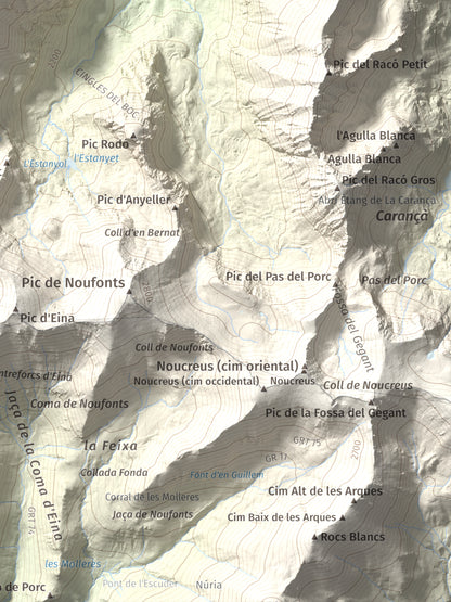 Mapa de relieve de Roc del Boc, 2774 m, Cerdanya Nord, lámina 100 Cims de Trobart. Detalle de la zona inferior derecha. 30 × 40 cm.