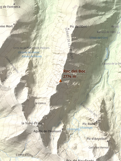 Mapa de relieve de Roc del Boc, 2774 m, Cerdanya Nord, lámina 100 Cims de Trobart. Detalle de la zona central. 30 × 40 cm.