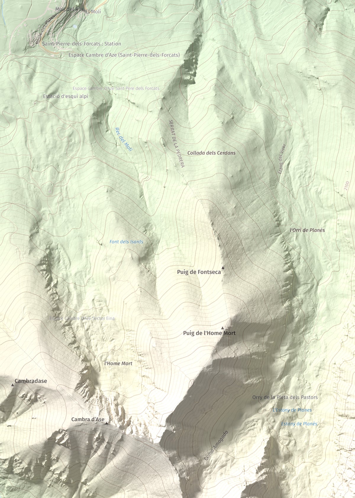 Mapa de relieve de Roc del Boc, 2774 m, Cerdanya Nord, lámina 100 Cims de Trobart. Detalle de la zona superior izquierda. 50 × 70 cm.