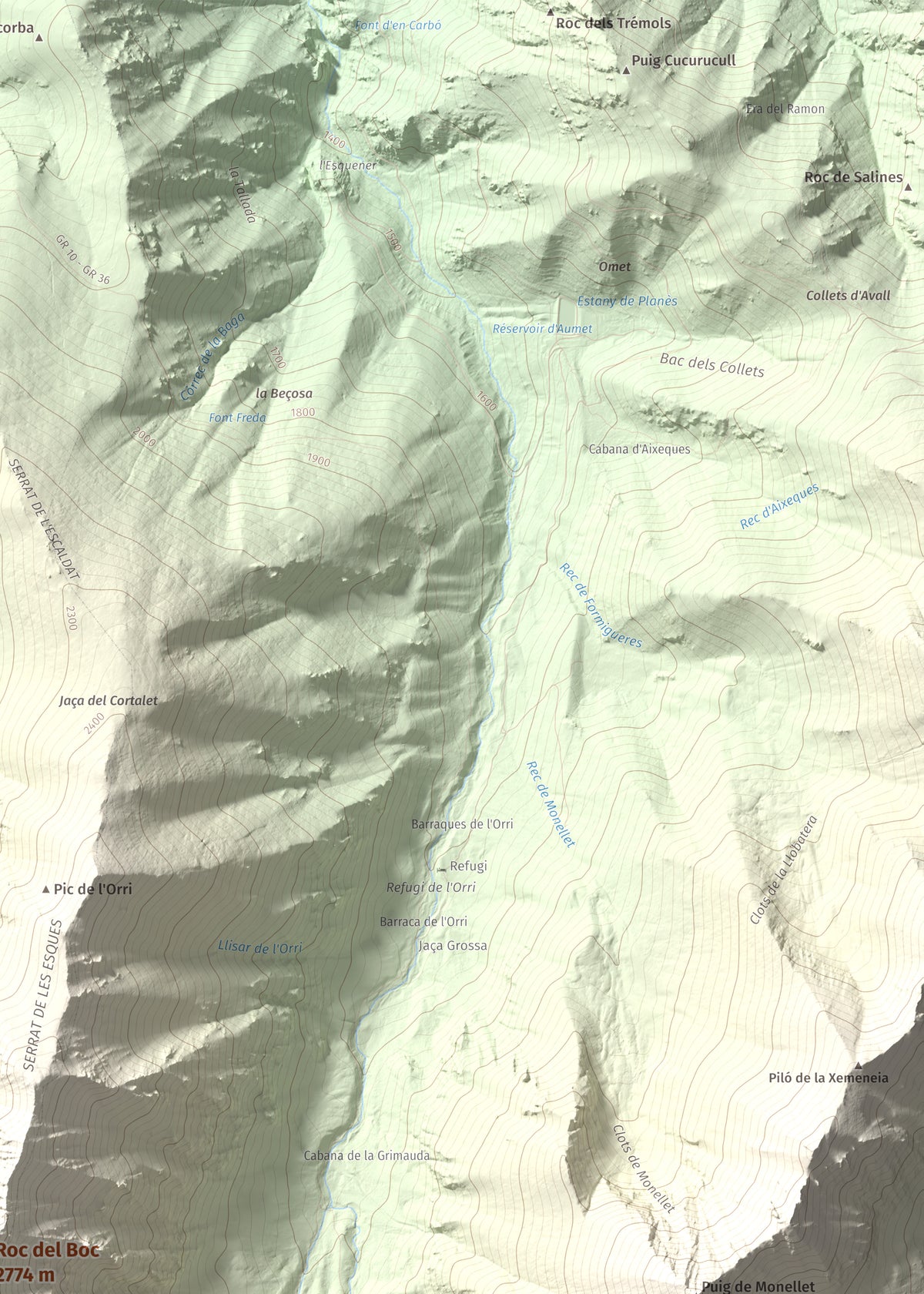 Mapa de relieve de Roc del Boc, 2774 m, Cerdanya Nord, lámina 100 Cims de Trobart. Detalle de la zona superior derecha. 50 × 70 cm.
