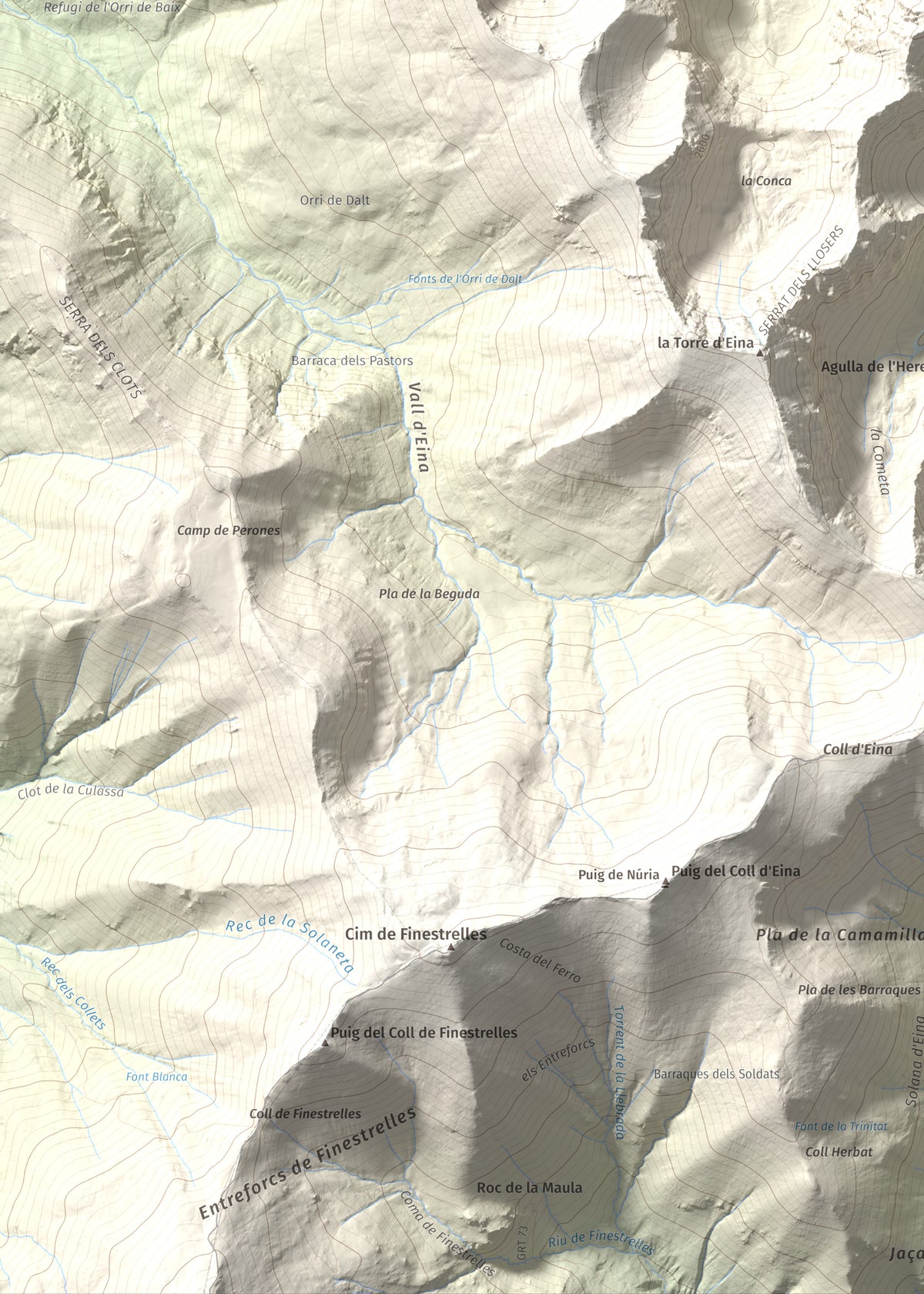 Mapa de relieve de Roc del Boc, 2774 m, Cerdanya Nord, lámina 100 Cims de Trobart. Detalle de la zona inferior izquierda. 50 × 70 cm.