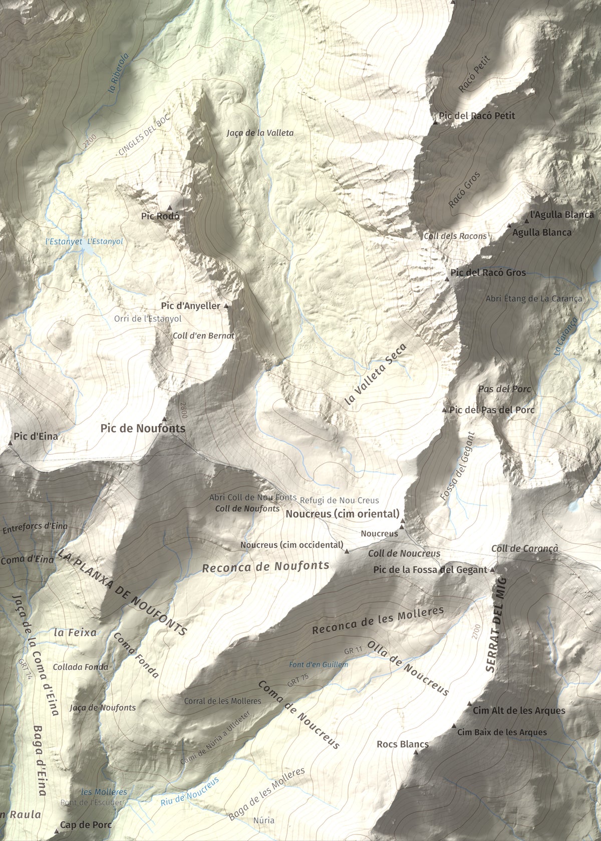 Mapa de relieve de Roc del Boc, 2774 m, Cerdanya Nord, lámina 100 Cims de Trobart. Detalle de la zona inferior derecha. 50 × 70 cm.