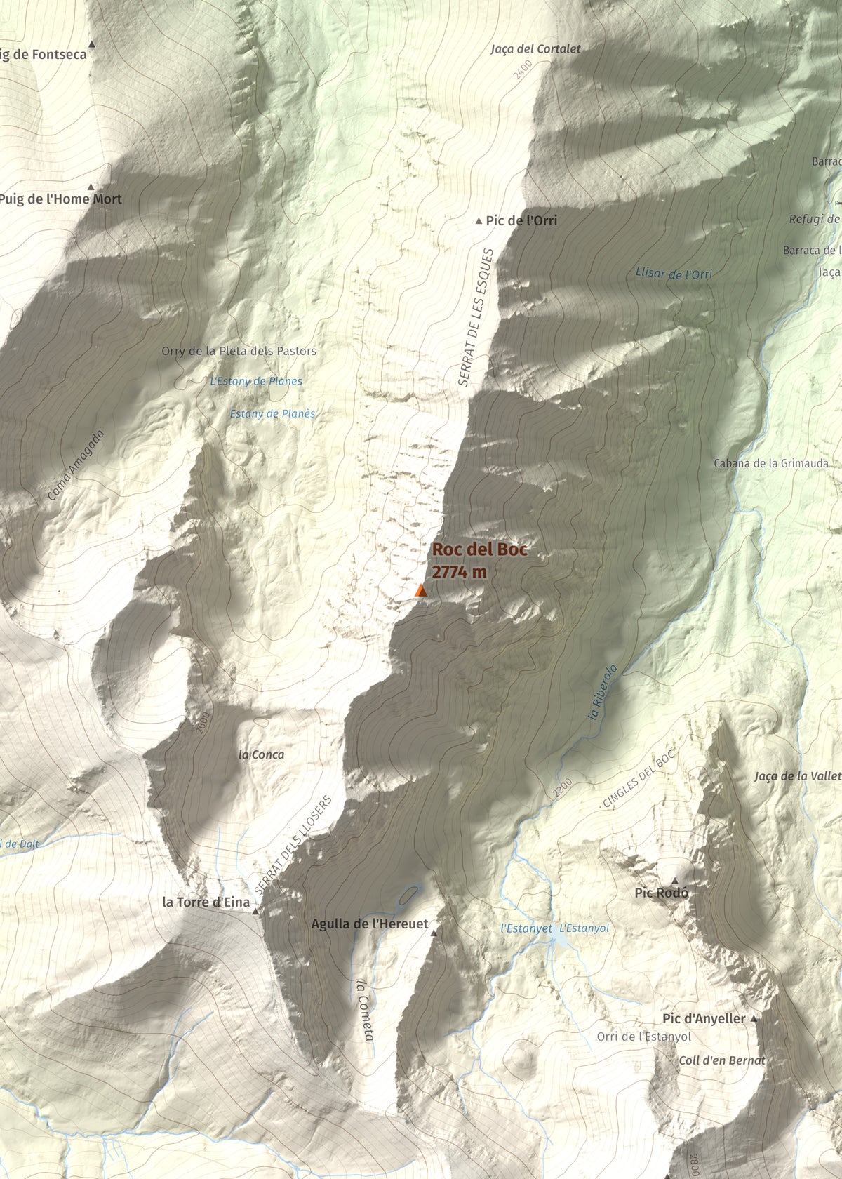 Mapa de relieve de Roc del Boc, 2774 m, Cerdanya Nord, lámina 100 Cims de Trobart. Detalle de la zona central. 50 × 70 cm.