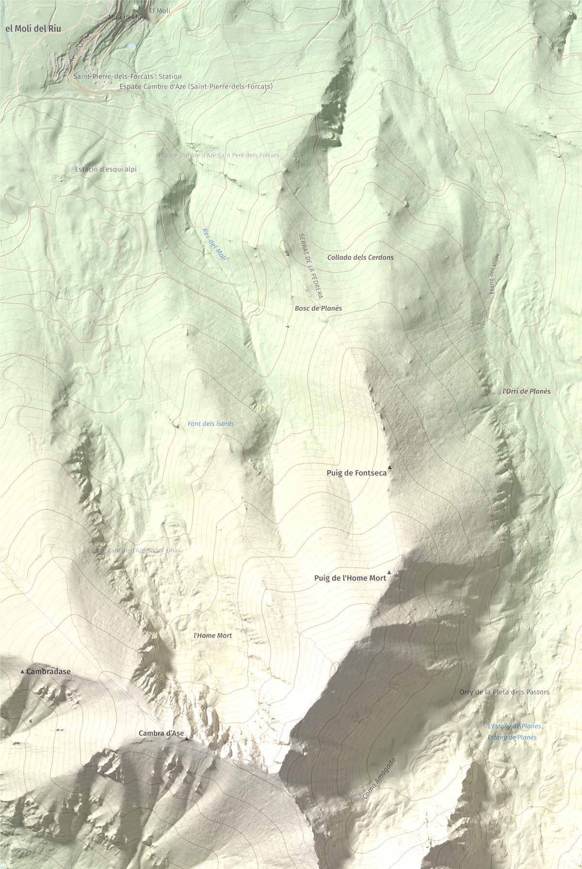 Mapa de relieve de Roc del Boc, 2774 m, Cerdanya Nord, lámina 100 Cims de Trobart. Detalle de la zona superior izquierda. 61 × 91 cm.