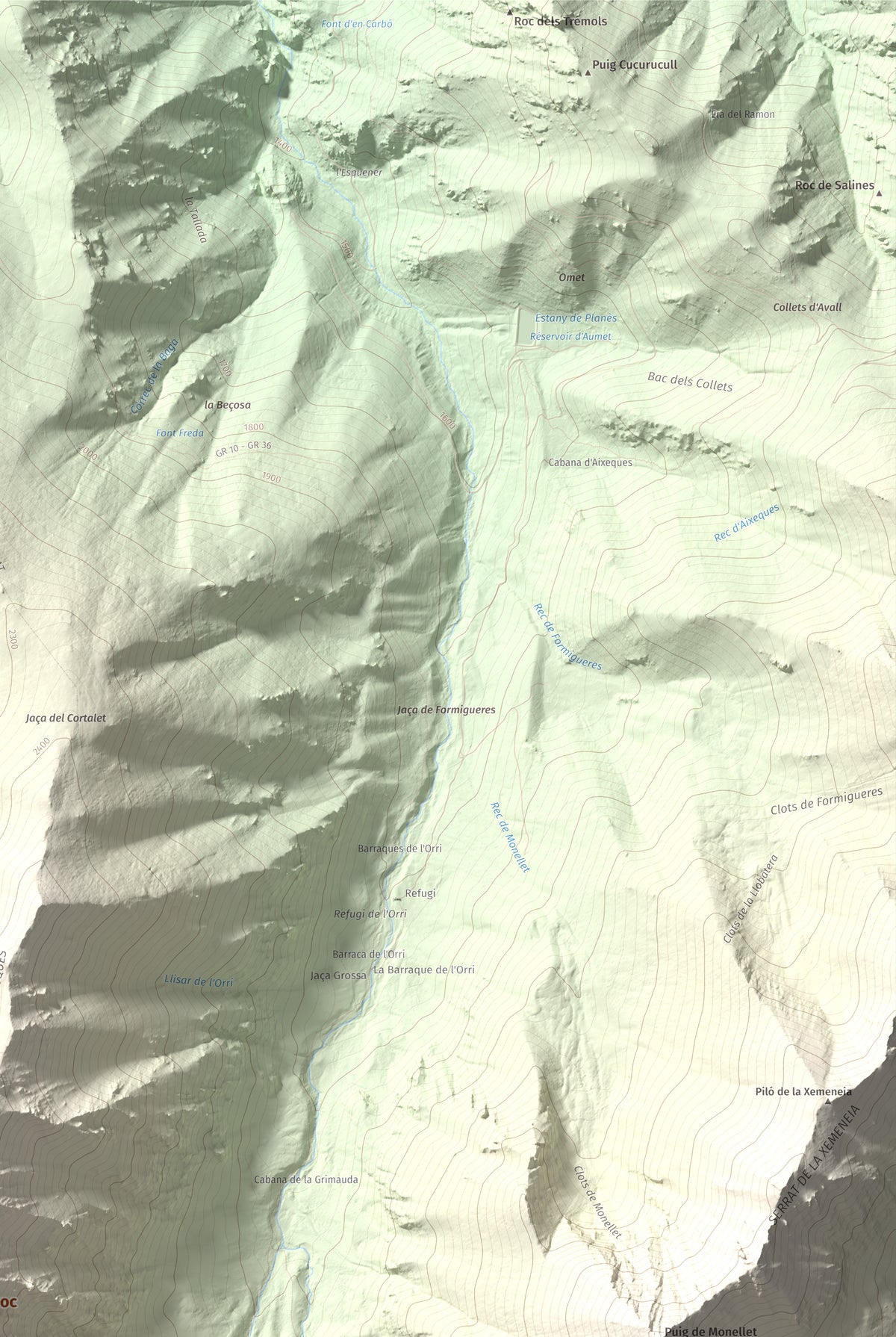 Mapa de relieve de Roc del Boc, 2774 m, Cerdanya Nord, lámina 100 Cims de Trobart. Detalle de la zona superior derecha. 61 × 91 cm.