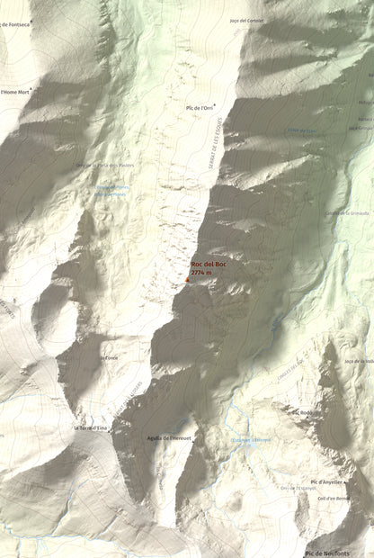 Mapa de relieve de Roc del Boc, 2774 m, Cerdanya Nord, lámina 100 Cims de Trobart. Detalle de la zona central. 61 × 91 cm.
