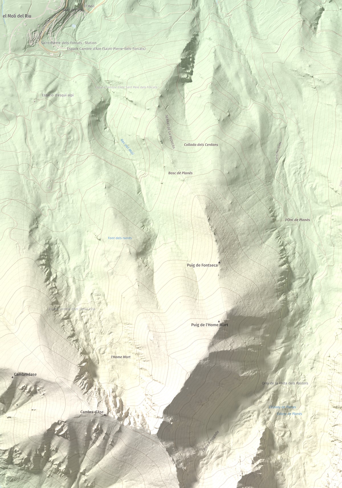 Mapa de relieve de Roc del Boc, 2774 m, Cerdanya Nord, lámina 100 Cims de Trobart. Detalle de la zona superior izquierda. 70 × 100 cm.