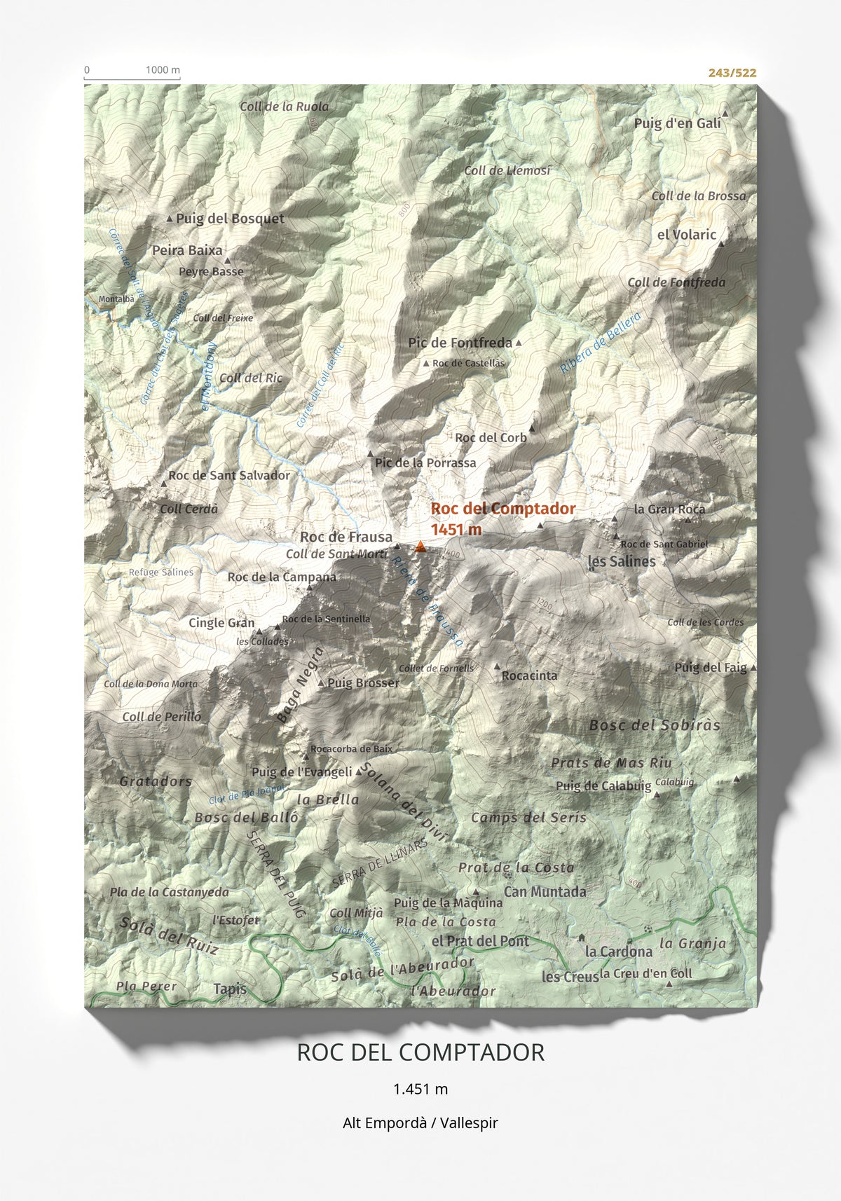 Mapa de relieve de Roc del Comptador, 1451 m, Alt Empordà · Vallespir, lámina 100 Cims de Trobart 21 × 30 cm.