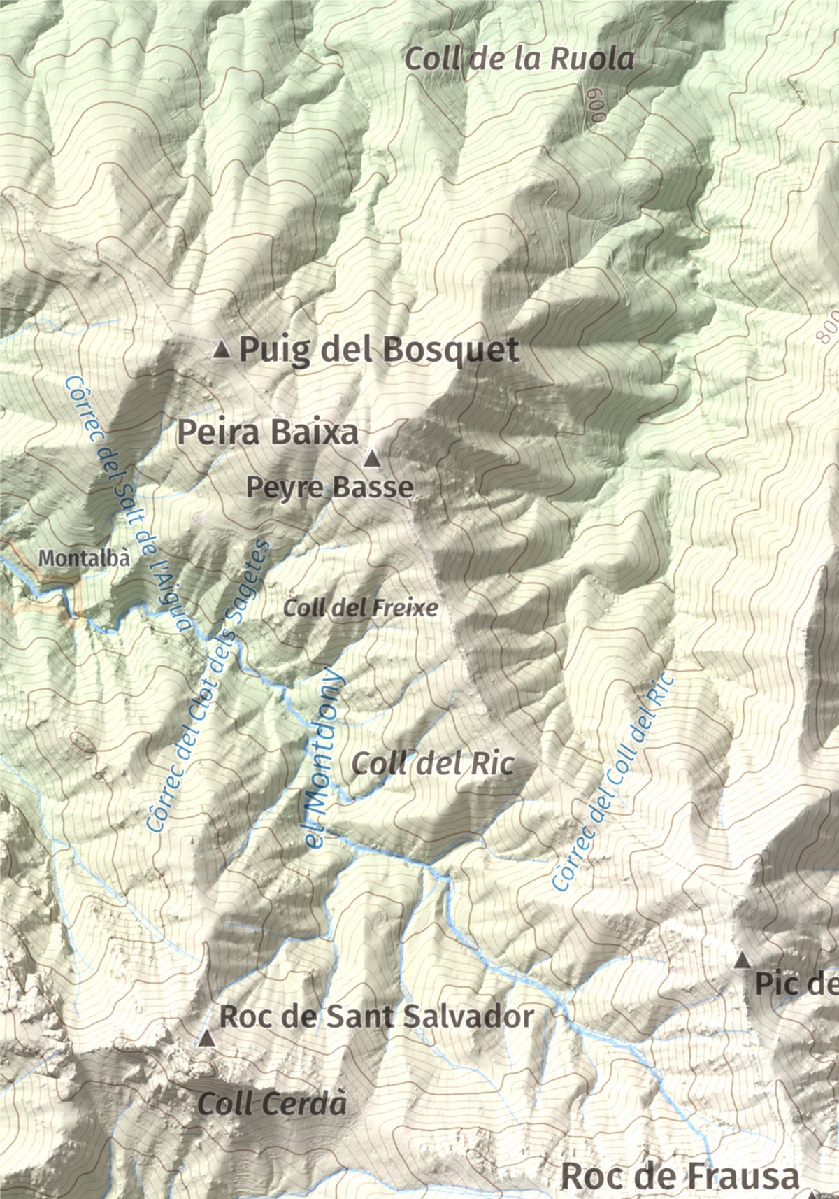 Mapa de relieve de Roc del Comptador, 1451 m, Alt Empordà · Vallespir, lámina 100 Cims de Trobart. Detalle de la zona superior izquierda. 21 × 30 cm.