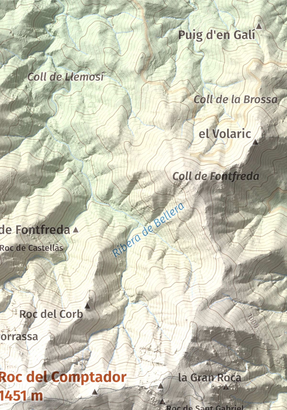 Mapa de relieve de Roc del Comptador, 1451 m, Alt Empordà · Vallespir, lámina 100 Cims de Trobart. Detalle de la zona superior derecha. 21 × 30 cm.