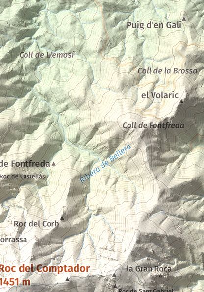 Mapa de relieve de Roc del Comptador, 1451 m, Alt Empordà · Vallespir, lámina 100 Cims de Trobart. Detalle de la zona superior derecha. 21 × 30 cm.