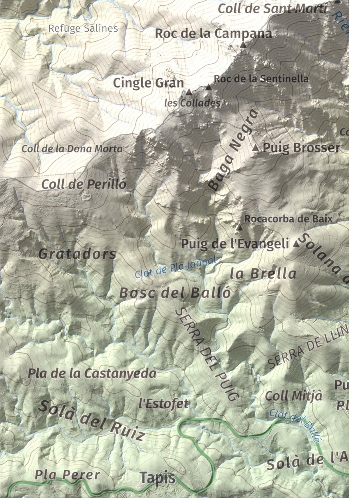 Mapa de relieve de Roc del Comptador, 1451 m, Alt Empordà · Vallespir, lámina 100 Cims de Trobart. Detalle de la zona inferior izquierda. 21 × 30 cm.