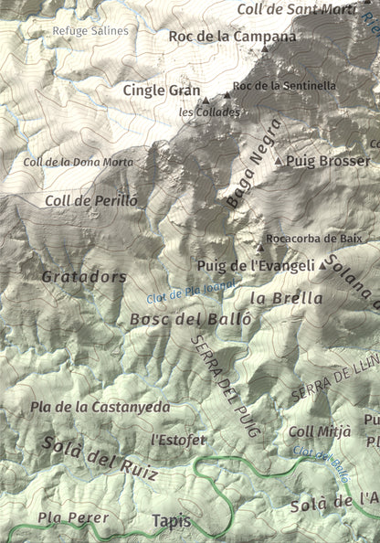 Mapa de relieve de Roc del Comptador, 1451 m, Alt Empordà · Vallespir, lámina 100 Cims de Trobart. Detalle de la zona inferior izquierda. 21 × 30 cm.