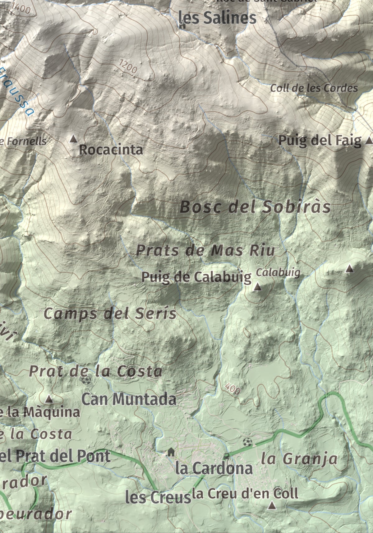 Mapa de relieve de Roc del Comptador, 1451 m, Alt Empordà · Vallespir, lámina 100 Cims de Trobart. Detalle de la zona inferior derecha. 21 × 30 cm.