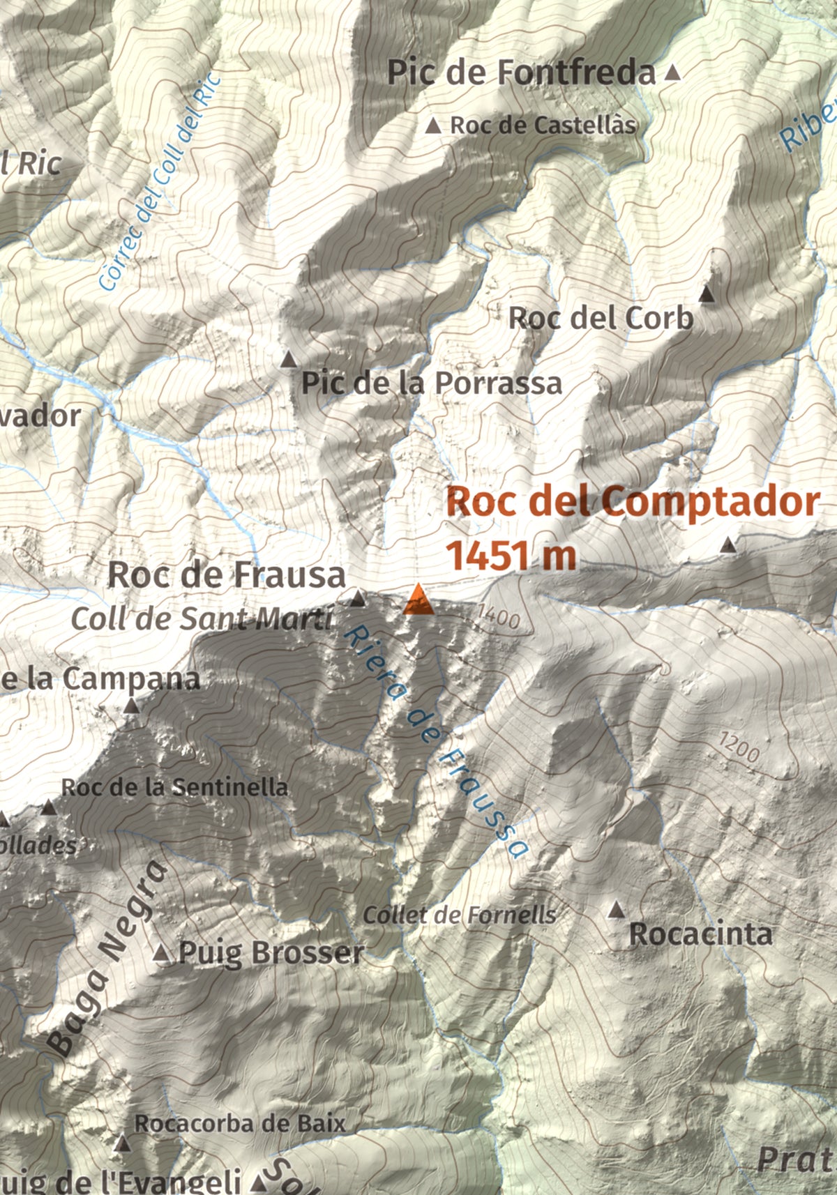 Mapa de relieve de Roc del Comptador, 1451 m, Alt Empordà · Vallespir, lámina 100 Cims de Trobart. Detalle de la zona central. 21 × 30 cm.