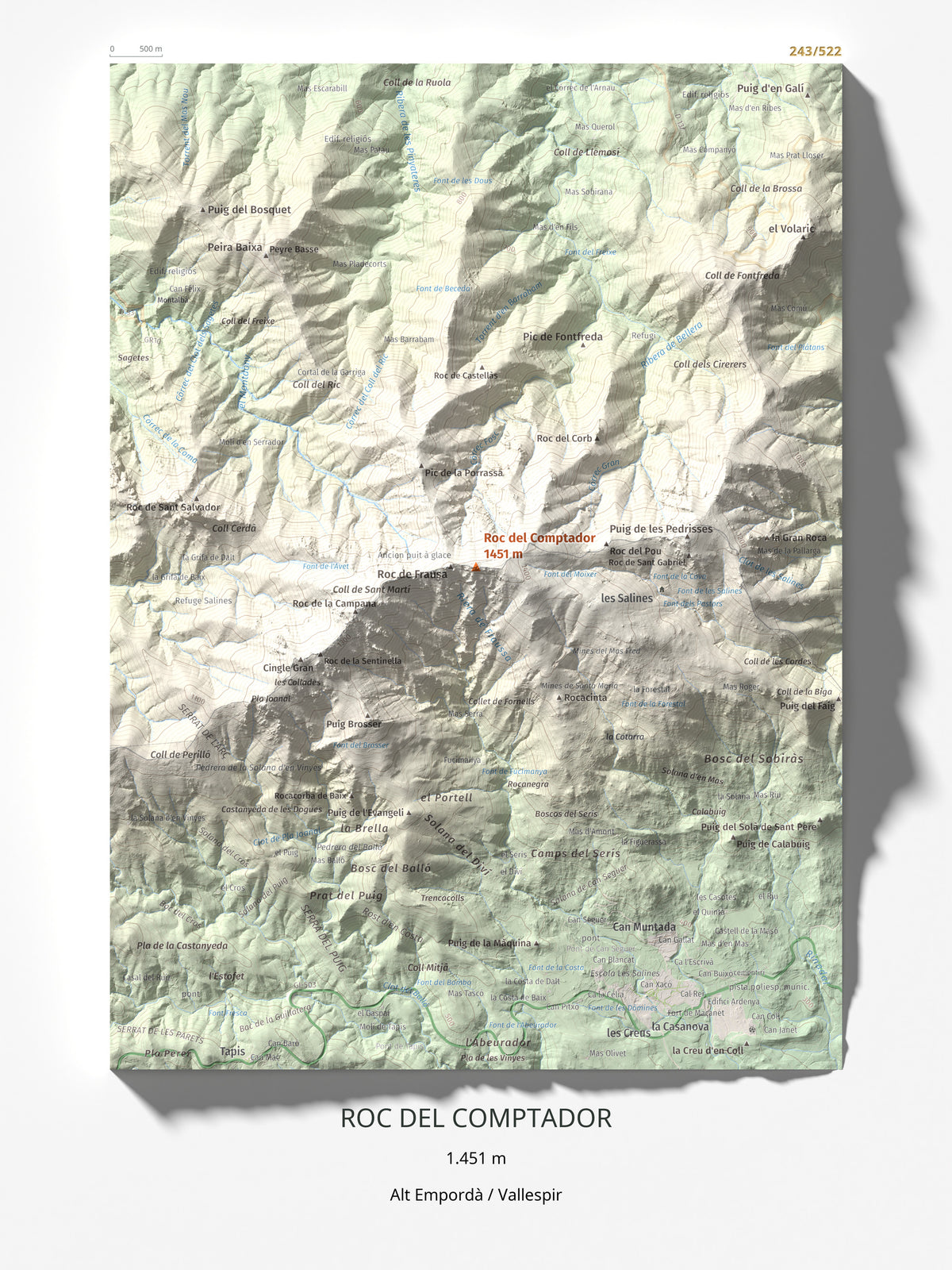 Mapa de relieve de Roc del Comptador, 1451 m, Alt Empordà · Vallespir, lámina 100 Cims de Trobart 30 × 40 cm.