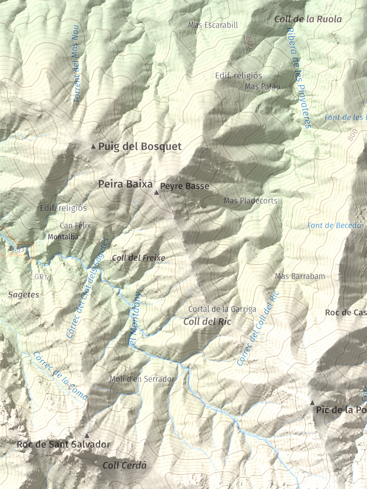 Mapa de relieve de Roc del Comptador, 1451 m, Alt Empordà · Vallespir, lámina 100 Cims de Trobart. Detalle de la zona superior izquierda. 30 × 40 cm.