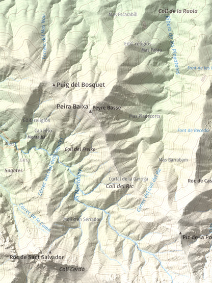 Mapa de relieve de Roc del Comptador, 1451 m, Alt Empordà · Vallespir, lámina 100 Cims de Trobart. Detalle de la zona superior izquierda. 30 × 40 cm.