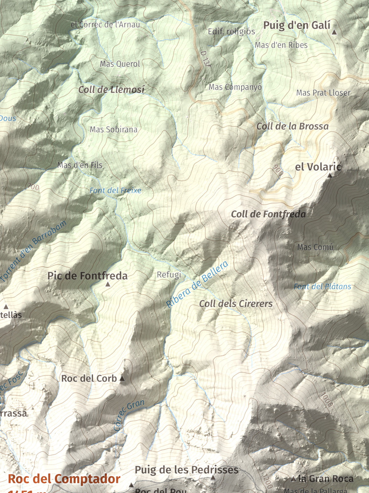 Mapa de relieve de Roc del Comptador, 1451 m, Alt Empordà · Vallespir, lámina 100 Cims de Trobart. Detalle de la zona superior derecha. 30 × 40 cm.