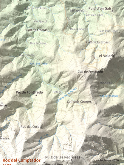 Mapa de relieve de Roc del Comptador, 1451 m, Alt Empordà · Vallespir, lámina 100 Cims de Trobart. Detalle de la zona superior derecha. 30 × 40 cm.