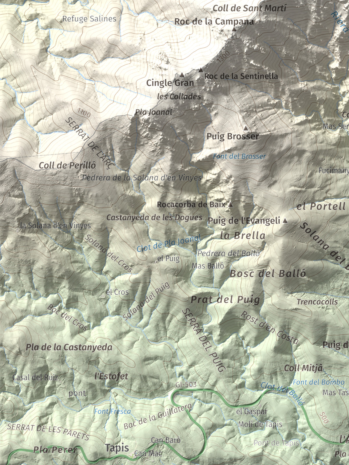 Mapa de relieve de Roc del Comptador, 1451 m, Alt Empordà · Vallespir, lámina 100 Cims de Trobart. Detalle de la zona inferior izquierda. 30 × 40 cm.