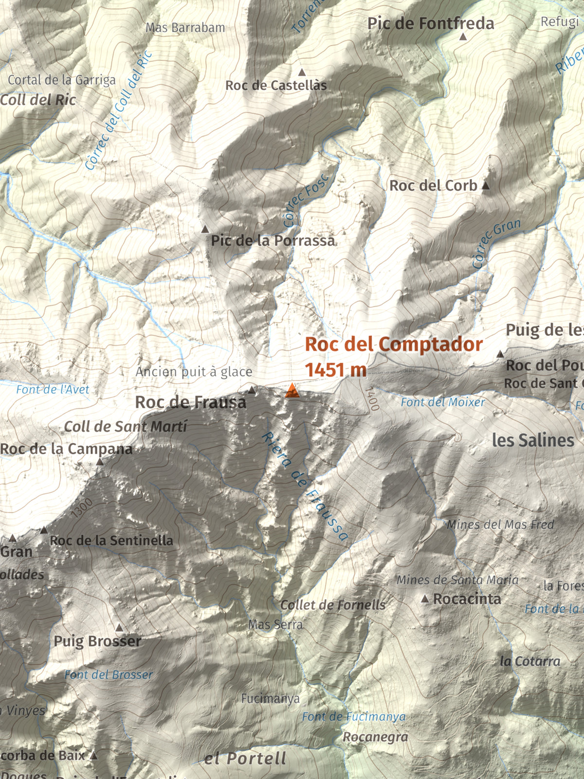 Mapa de relieve de Roc del Comptador, 1451 m, Alt Empordà · Vallespir, lámina 100 Cims de Trobart. Detalle de la zona central. 30 × 40 cm.