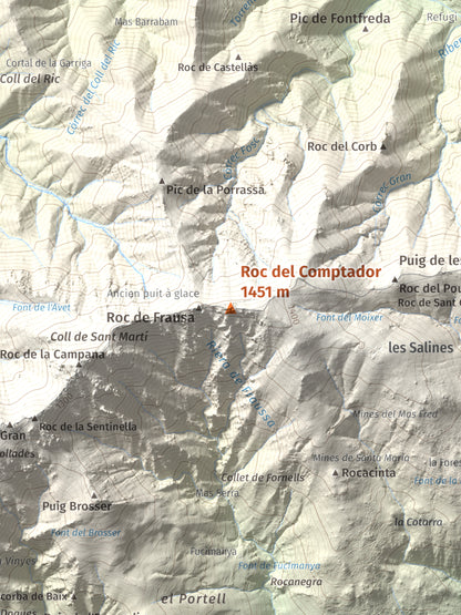 Mapa de relieve de Roc del Comptador, 1451 m, Alt Empordà · Vallespir, lámina 100 Cims de Trobart. Detalle de la zona central. 30 × 40 cm.