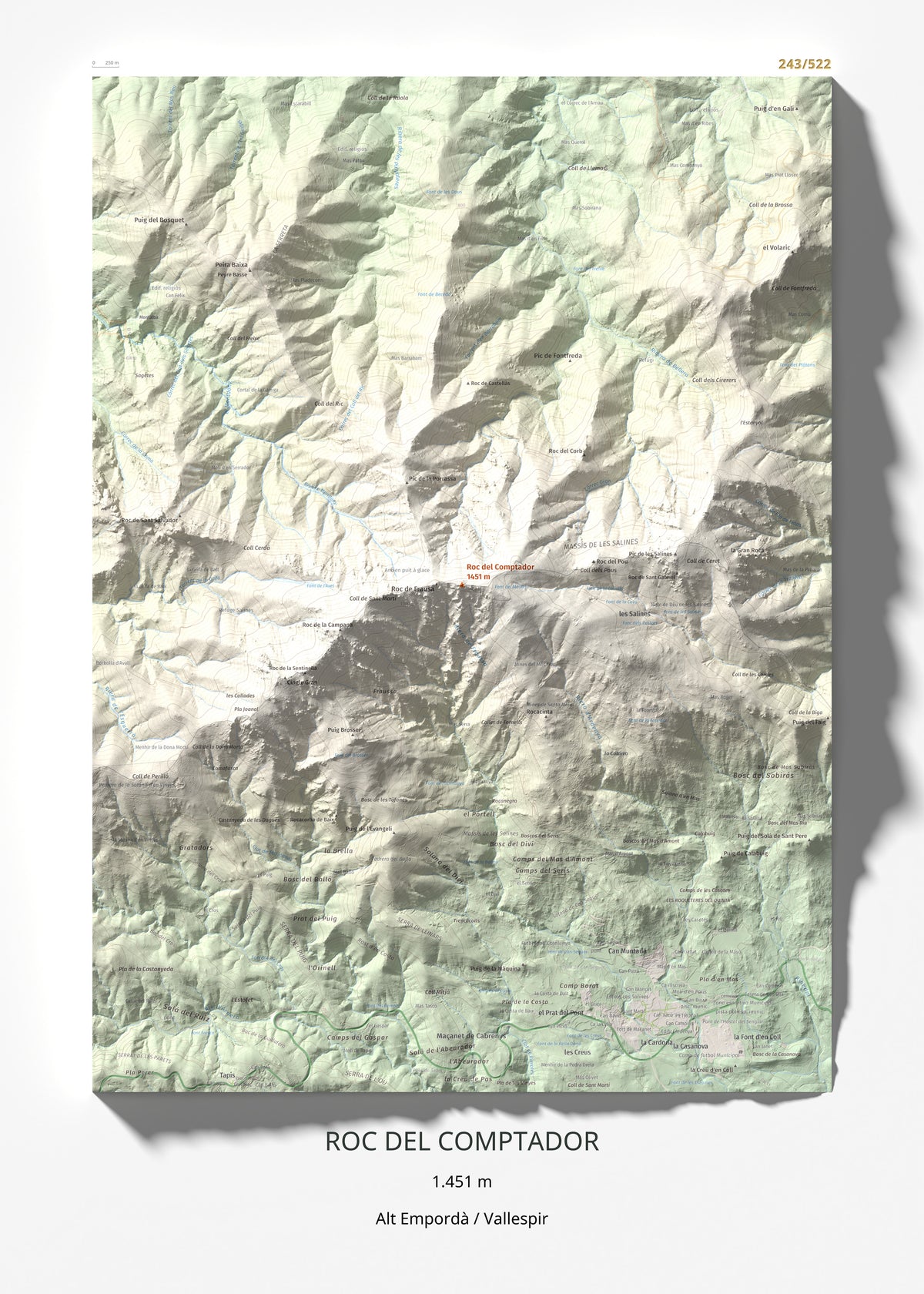 Mapa de relieve de Roc del Comptador, 1451 m, Alt Empordà · Vallespir, lámina 100 Cims de Trobart 50 × 70 cm.