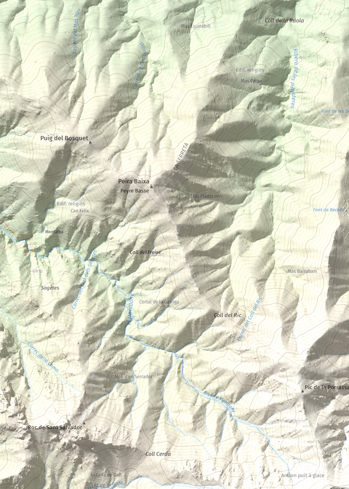 Mapa de relieve de Roc del Comptador, 1451 m, Alt Empordà · Vallespir, lámina 100 Cims de Trobart. Detalle de la zona superior izquierda. 50 × 70 cm.