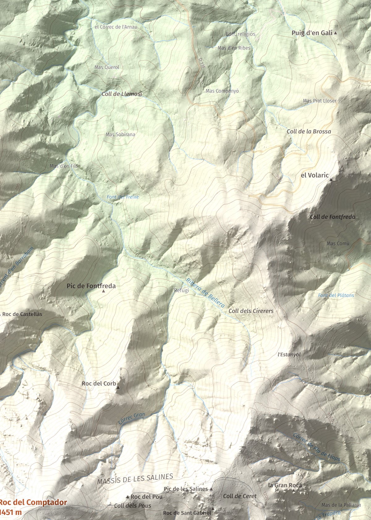 Mapa de relieve de Roc del Comptador, 1451 m, Alt Empordà · Vallespir, lámina 100 Cims de Trobart. Detalle de la zona superior derecha. 50 × 70 cm.