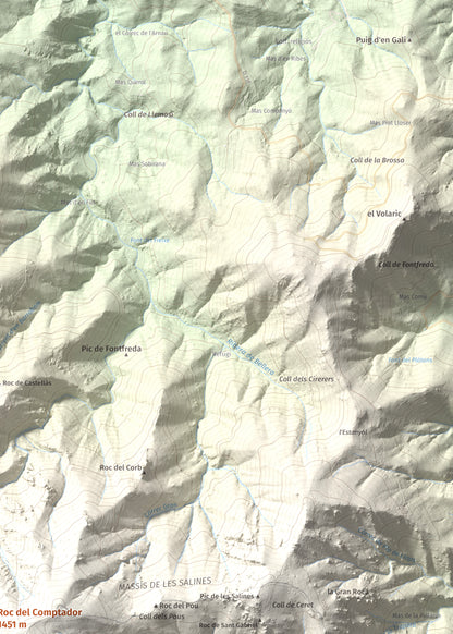Mapa de relieve de Roc del Comptador, 1451 m, Alt Empordà · Vallespir, lámina 100 Cims de Trobart. Detalle de la zona superior derecha. 50 × 70 cm.