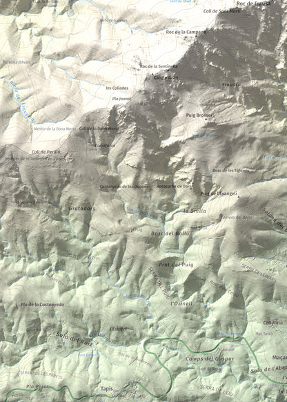 Mapa de relieve de Roc del Comptador, 1451 m, Alt Empordà · Vallespir, lámina 100 Cims de Trobart. Detalle de la zona inferior izquierda. 50 × 70 cm.