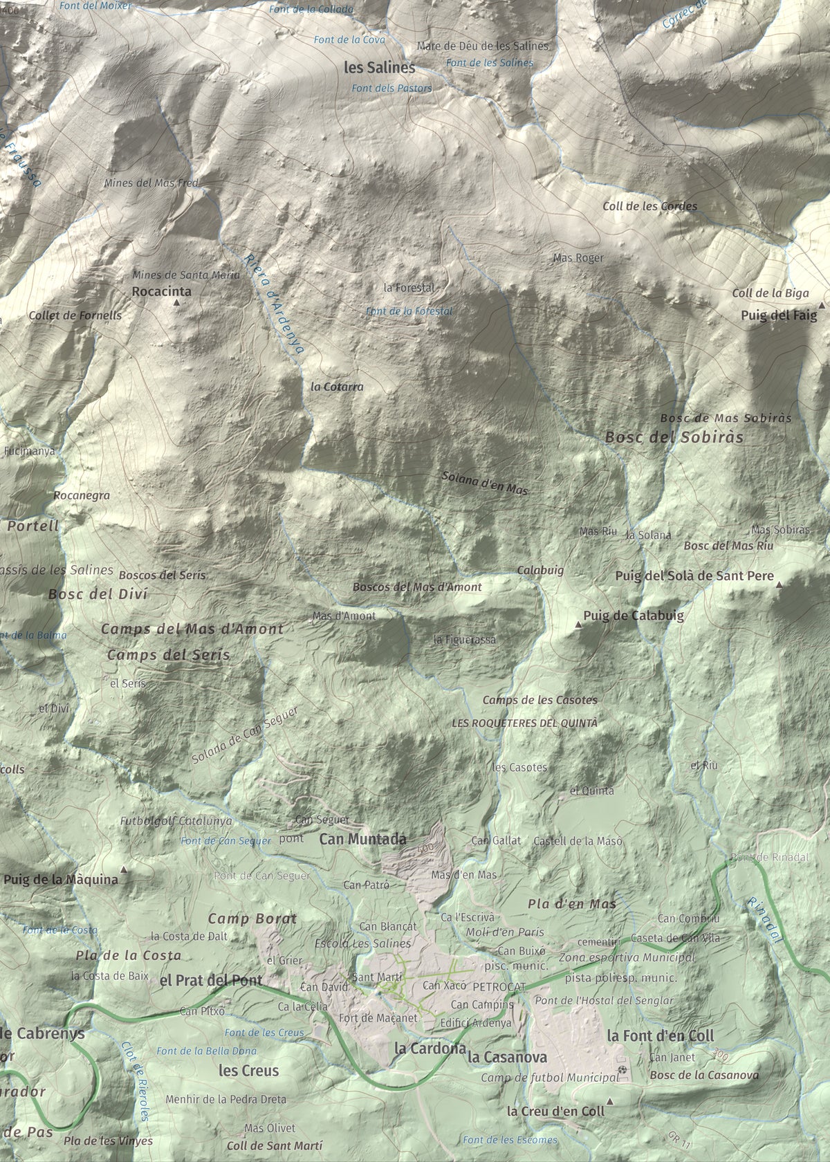 Mapa de relieve de Roc del Comptador, 1451 m, Alt Empordà · Vallespir, lámina 100 Cims de Trobart. Detalle de la zona inferior derecha. 50 × 70 cm.
