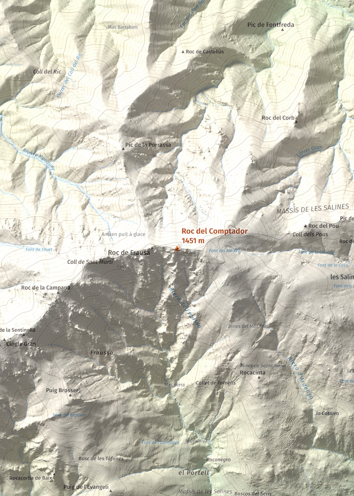 Mapa de relieve de Roc del Comptador, 1451 m, Alt Empordà · Vallespir, lámina 100 Cims de Trobart. Detalle de la zona central. 50 × 70 cm.