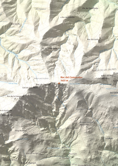Mapa de relieve de Roc del Comptador, 1451 m, Alt Empordà · Vallespir, lámina 100 Cims de Trobart. Detalle de la zona central. 50 × 70 cm.