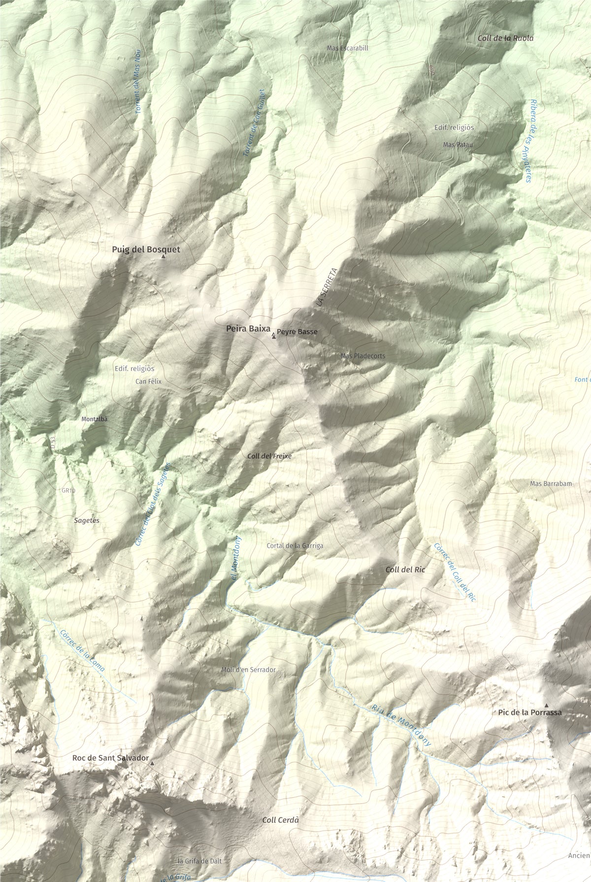 Mapa de relieve de Roc del Comptador, 1451 m, Alt Empordà · Vallespir, lámina 100 Cims de Trobart. Detalle de la zona superior izquierda. 61 × 91 cm.