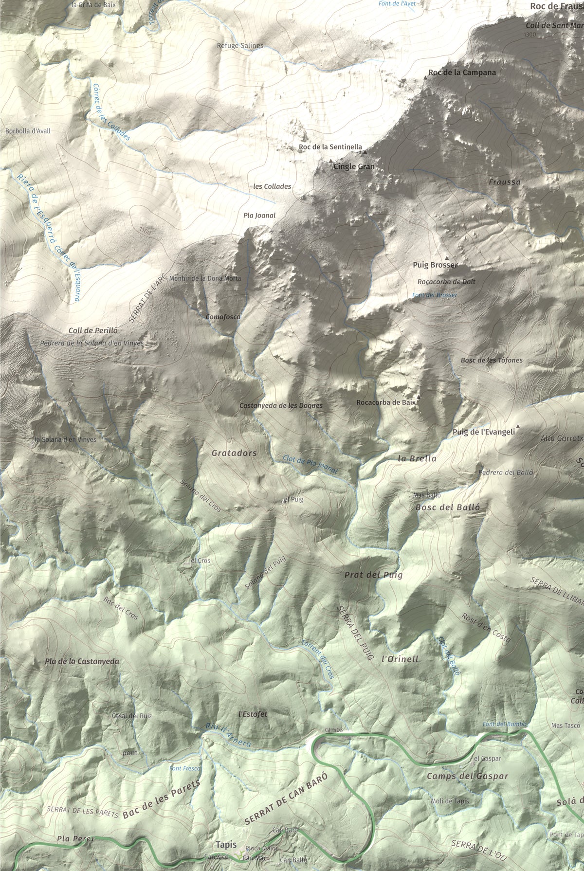 Mapa de relieve de Roc del Comptador, 1451 m, Alt Empordà · Vallespir, lámina 100 Cims de Trobart. Detalle de la zona inferior izquierda. 61 × 91 cm.