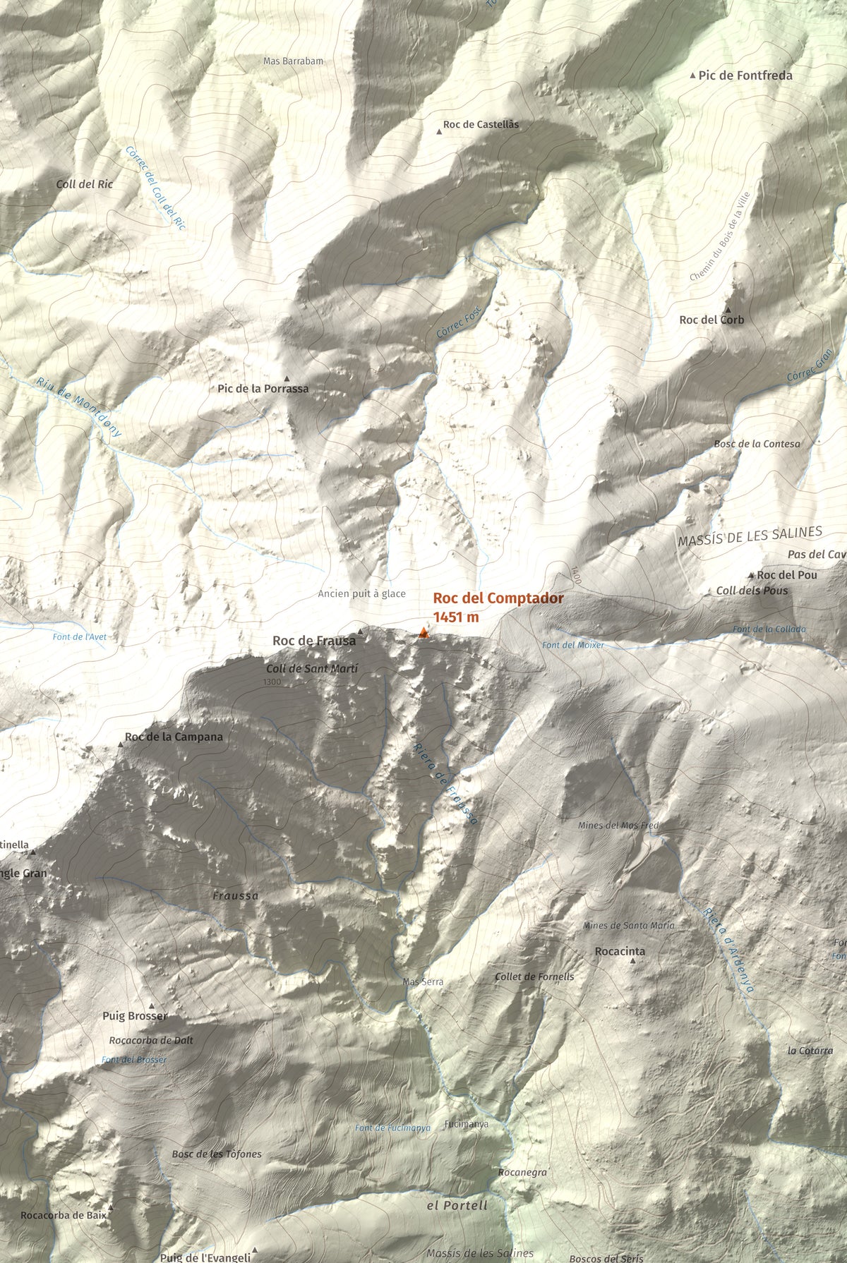 Mapa de relieve de Roc del Comptador, 1451 m, Alt Empordà · Vallespir, lámina 100 Cims de Trobart. Detalle de la zona central. 61 × 91 cm.