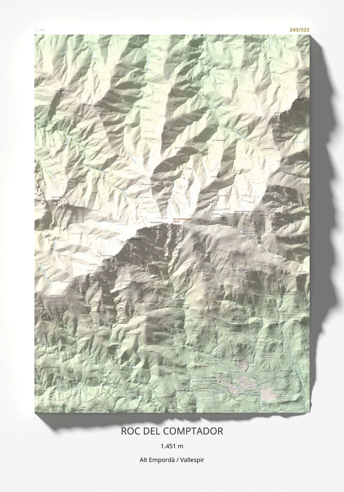 Mapa de relieve de Roc del Comptador, 1451 m, Alt Empordà · Vallespir, lámina 100 Cims de Trobart 70 × 100 cm.