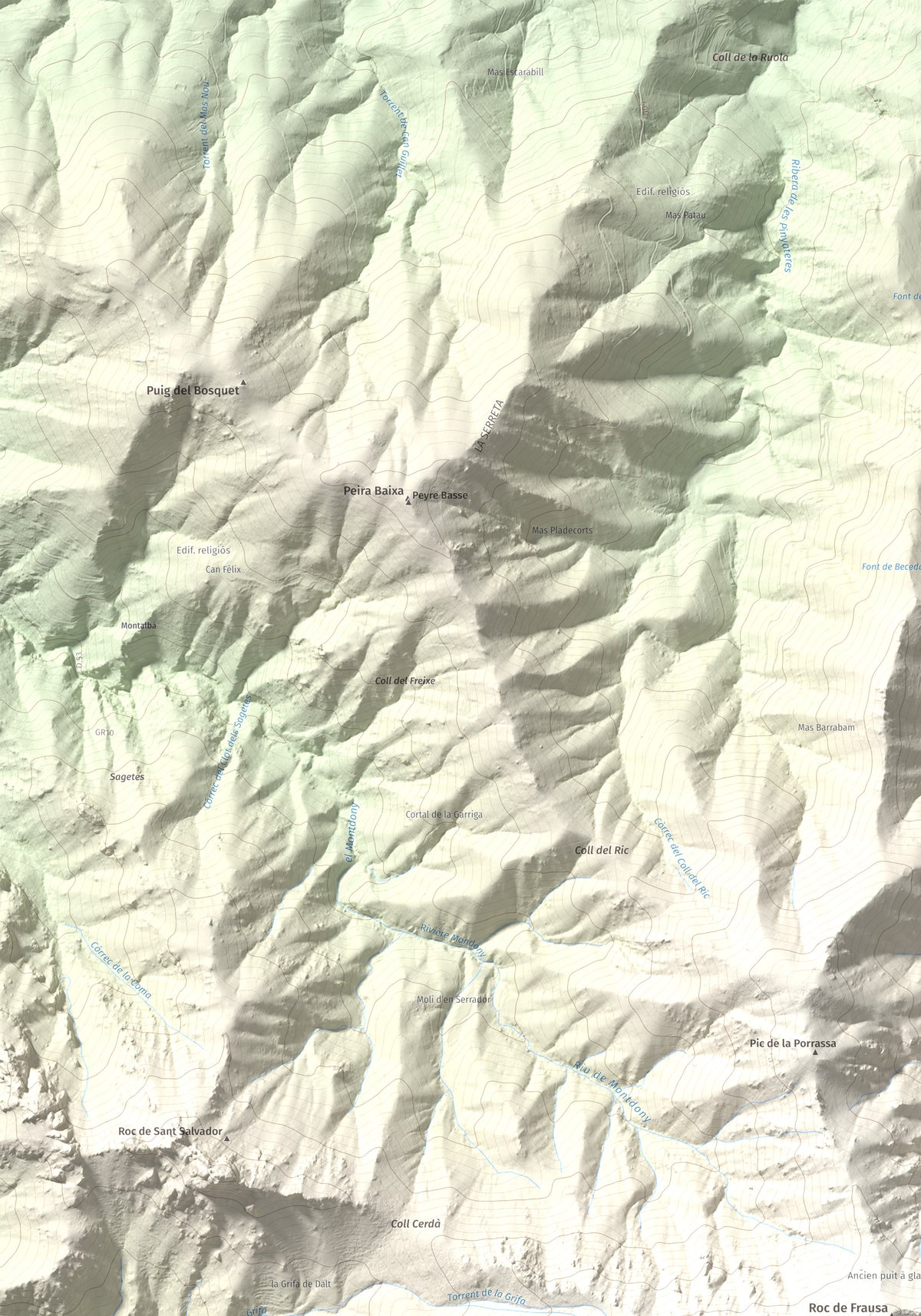 Mapa de relieve de Roc del Comptador, 1451 m, Alt Empordà · Vallespir, lámina 100 Cims de Trobart. Detalle de la zona superior izquierda. 70 × 100 cm.
