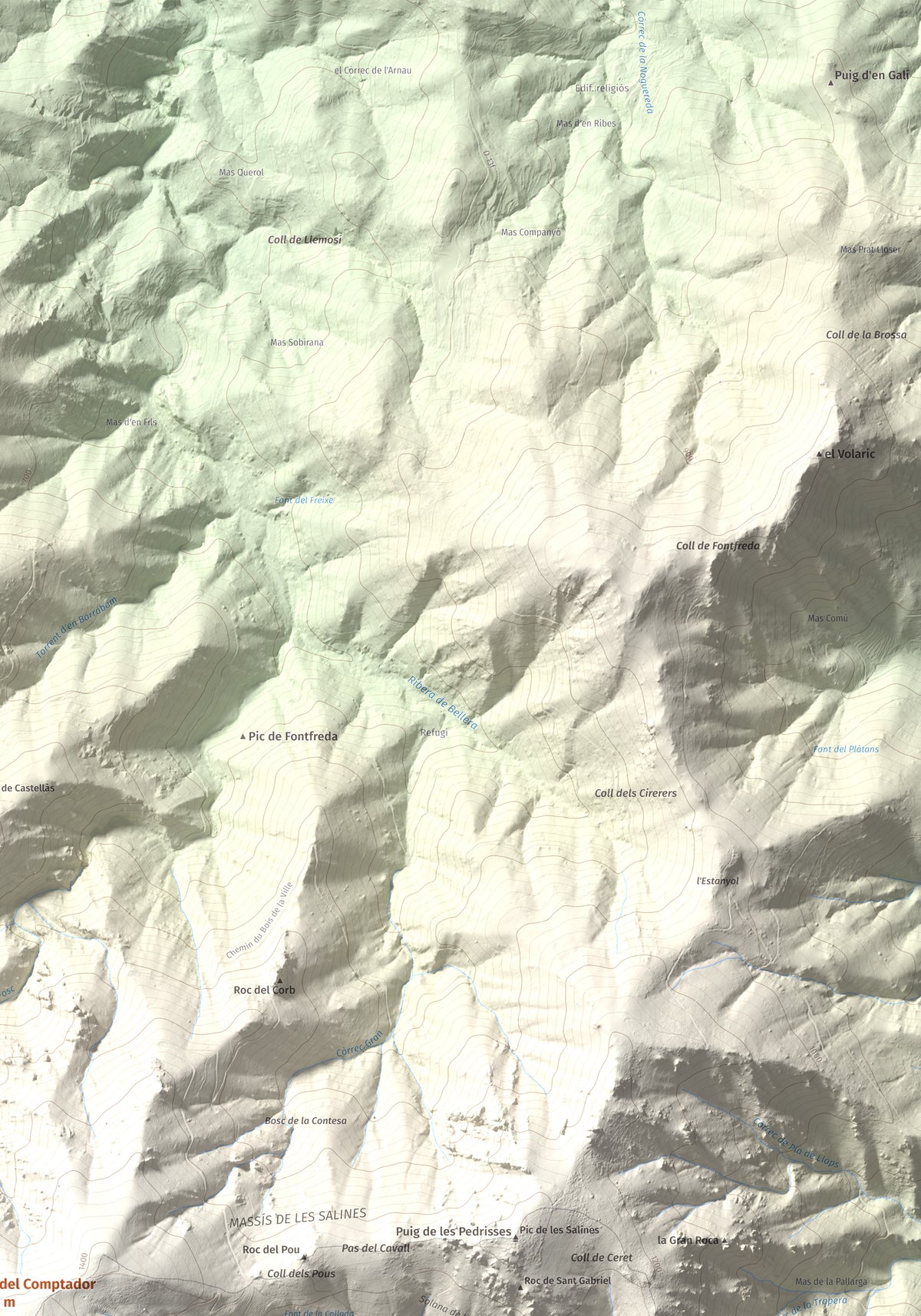 Mapa de relieve de Roc del Comptador, 1451 m, Alt Empordà · Vallespir, lámina 100 Cims de Trobart. Detalle de la zona superior derecha. 70 × 100 cm.