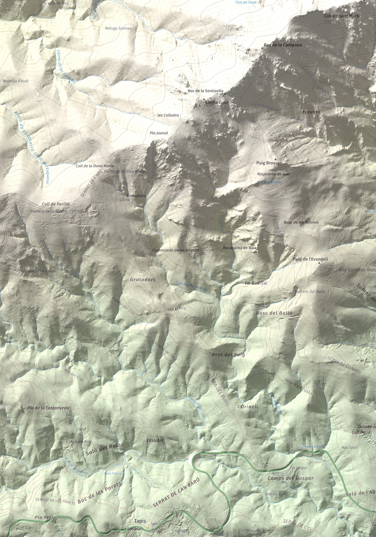 Mapa de relieve de Roc del Comptador, 1451 m, Alt Empordà · Vallespir, lámina 100 Cims de Trobart. Detalle de la zona inferior izquierda. 70 × 100 cm.