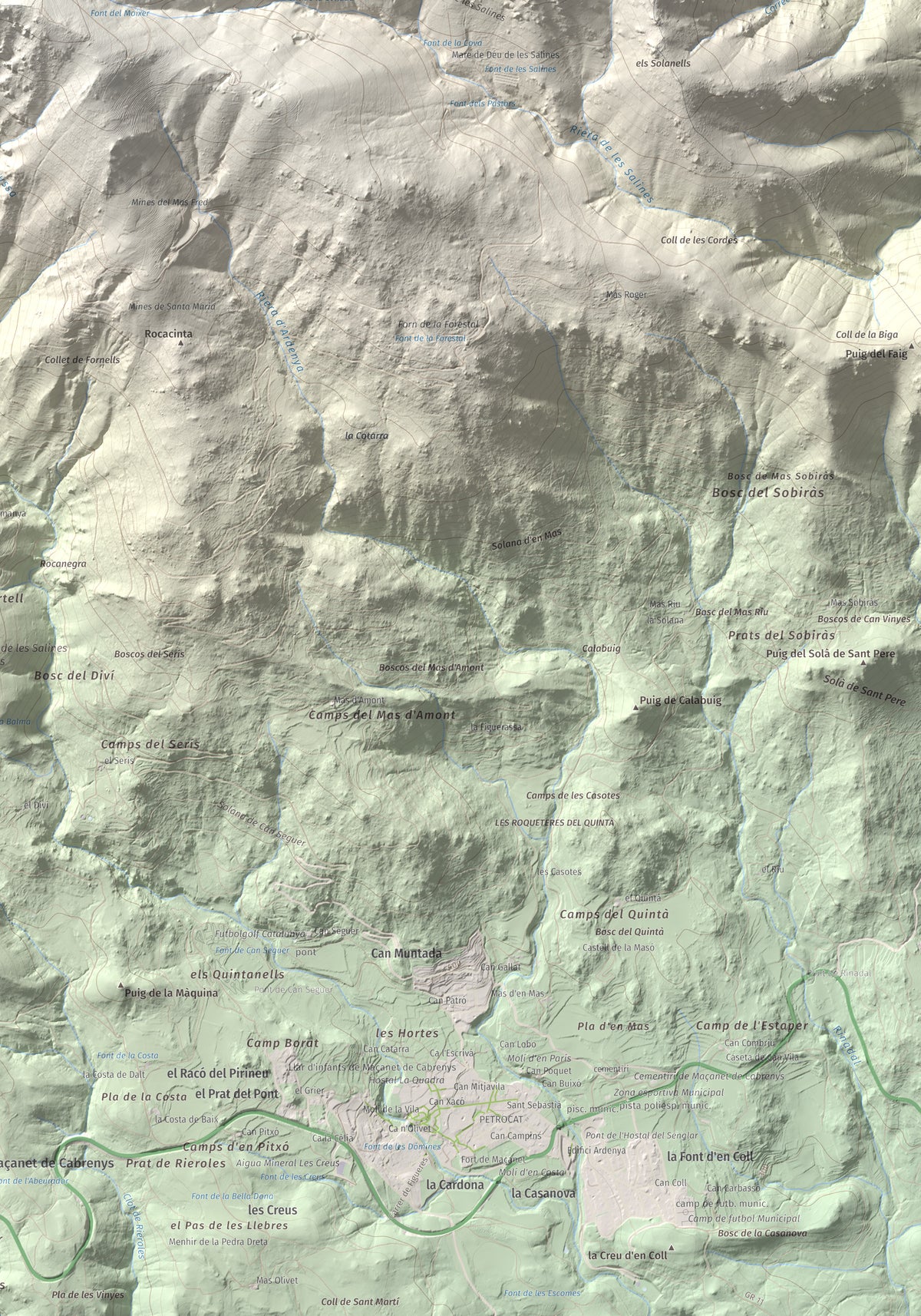 Mapa de relieve de Roc del Comptador, 1451 m, Alt Empordà · Vallespir, lámina 100 Cims de Trobart. Detalle de la zona inferior derecha. 70 × 100 cm.