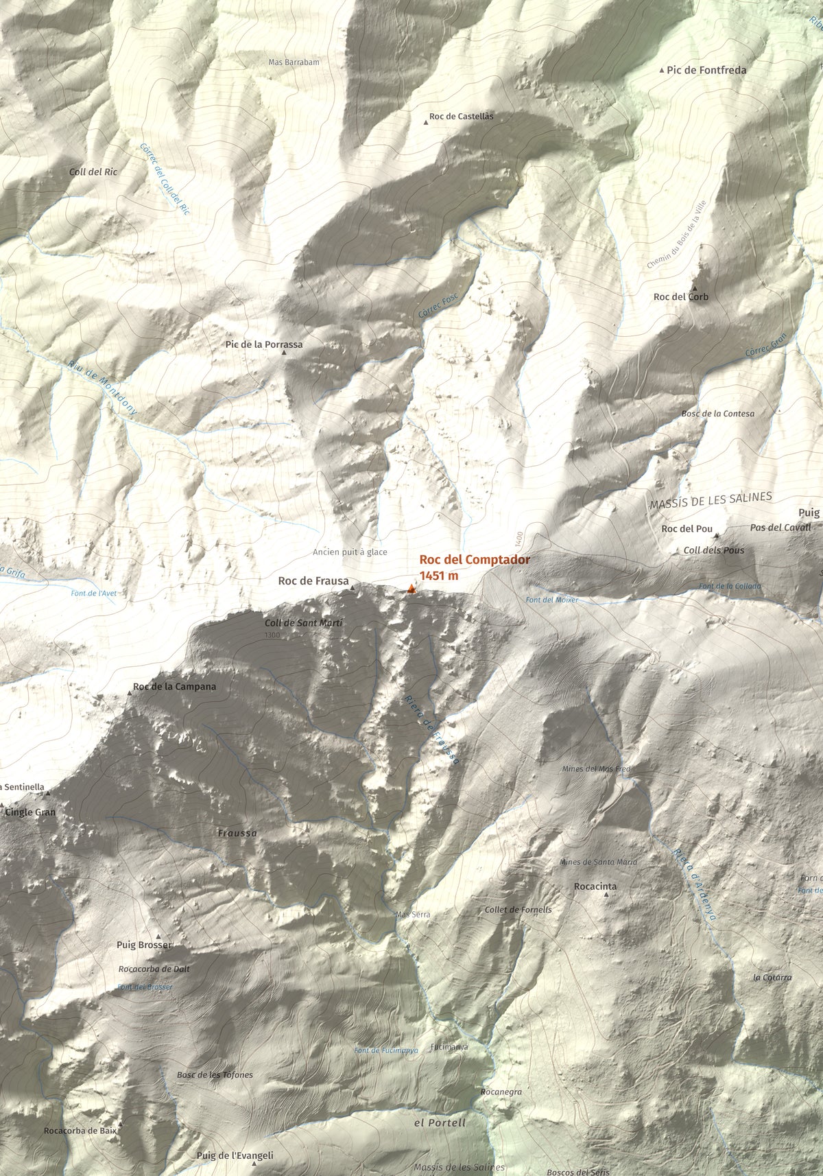 Mapa de relieve de Roc del Comptador, 1451 m, Alt Empordà · Vallespir, lámina 100 Cims de Trobart. Detalle de la zona central. 70 × 100 cm.