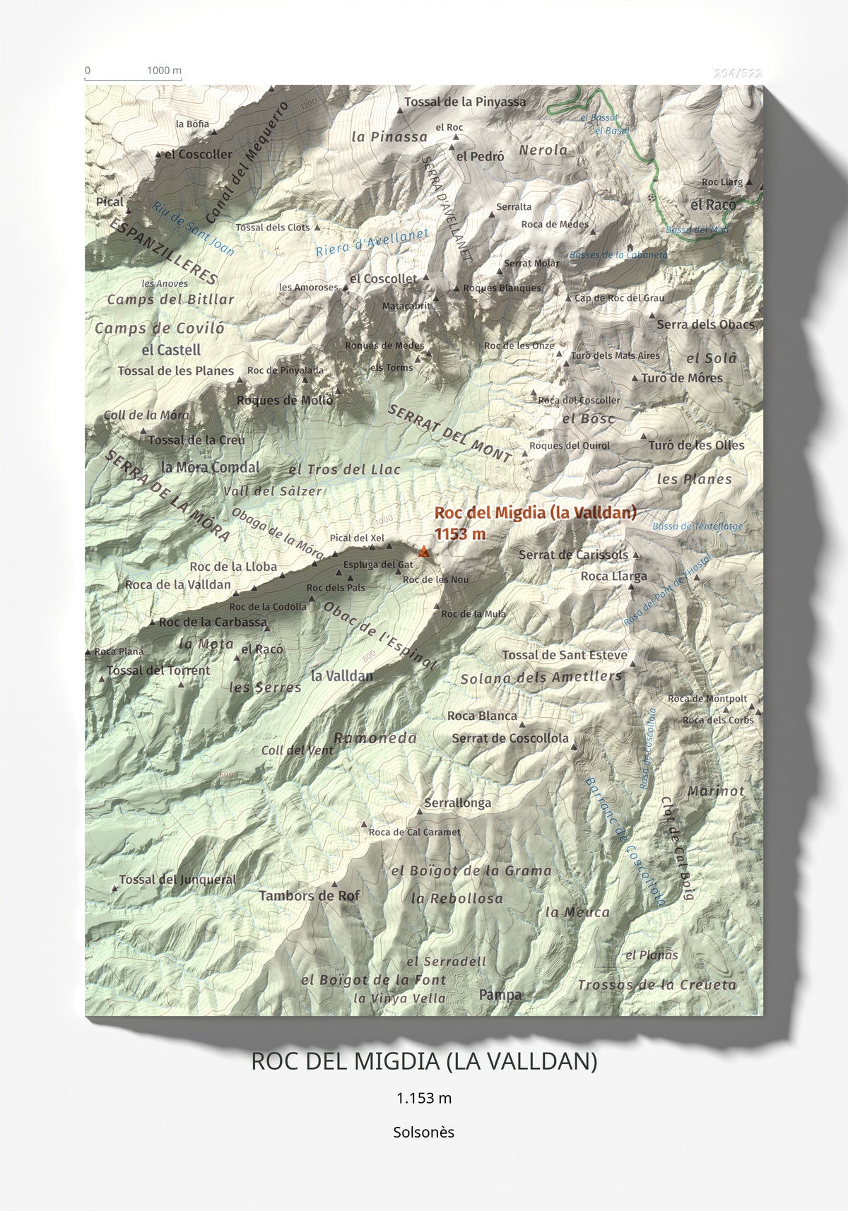 Mapa de relieve de Roc del Migdia (la Valldan), 1153 m, Solsonès, lámina 100 Cims de Trobart 21 × 30 cm.