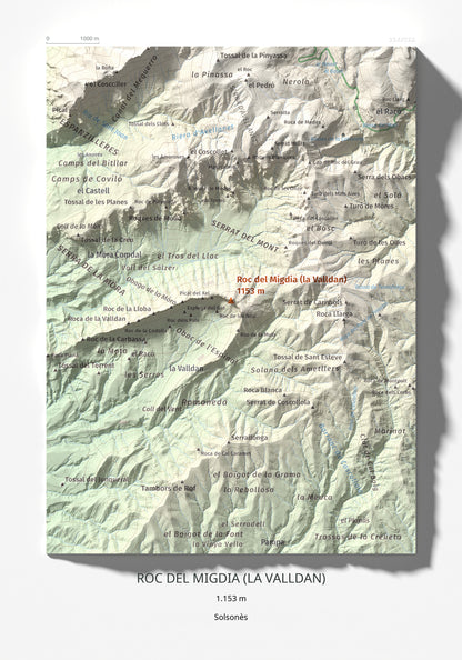 Mapa de relieve de Roc del Migdia (la Valldan), 1153 m, Solsonès, lámina 100 Cims de Trobart 21 × 30 cm.
