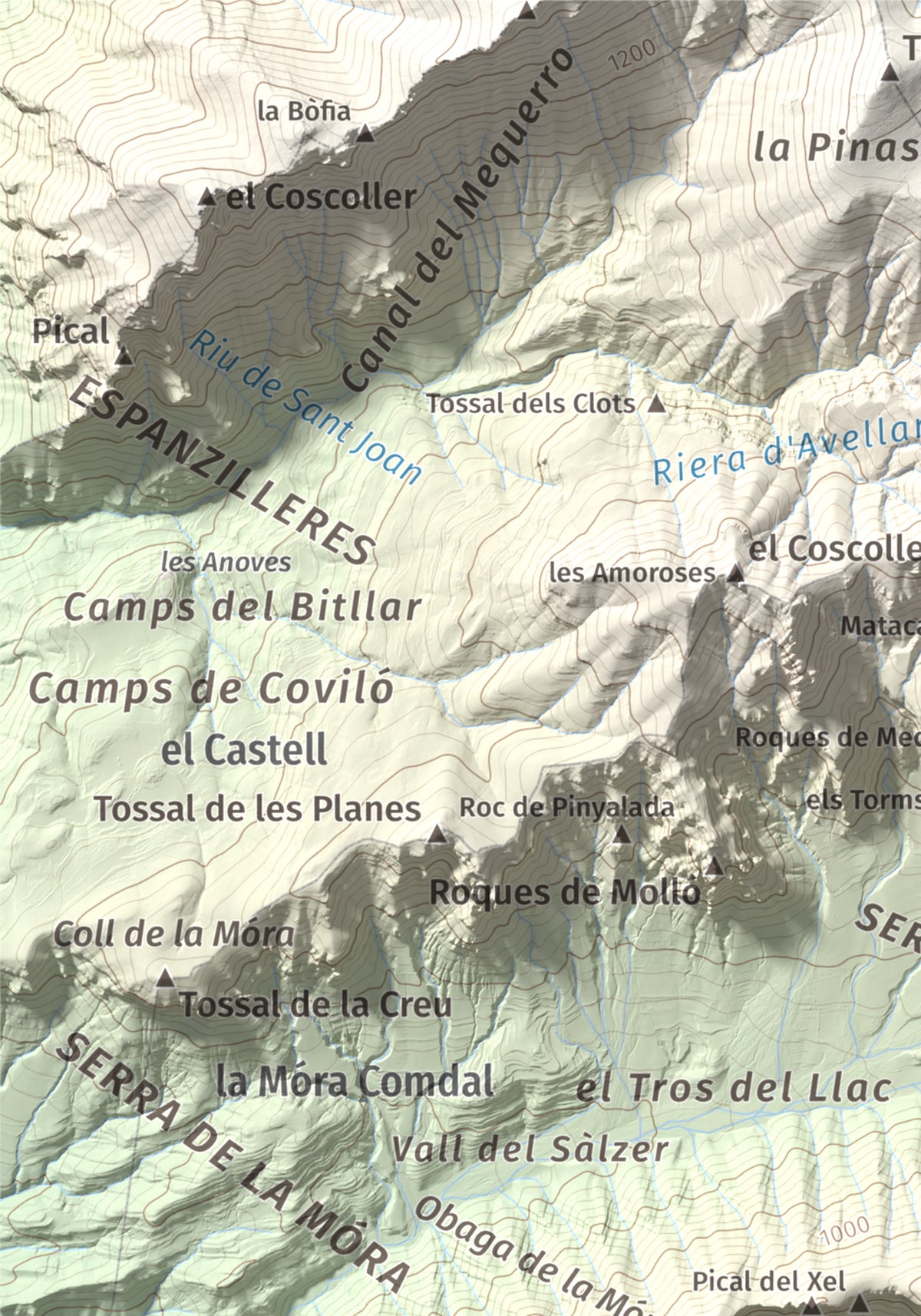 Mapa de relieve de Roc del Migdia (la Valldan), 1153 m, Solsonès, lámina 100 Cims de Trobart. Detalle de la zona superior izquierda. 21 × 30 cm.