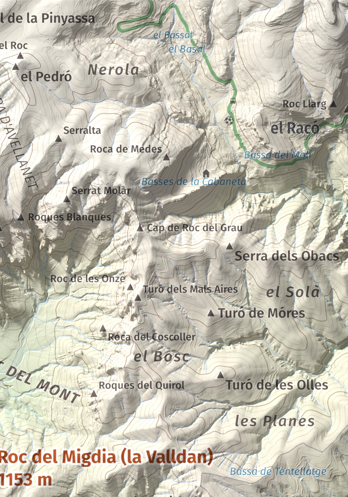 Mapa de relieve de Roc del Migdia (la Valldan), 1153 m, Solsonès, lámina 100 Cims de Trobart. Detalle de la zona superior derecha. 21 × 30 cm.